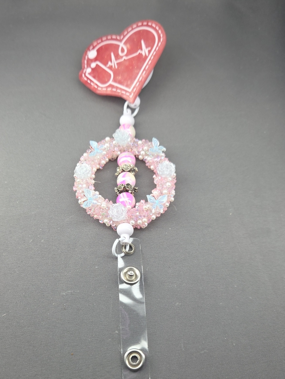 Hand Crafted Pink Heart Badge Reel with Beaded Floral Ring